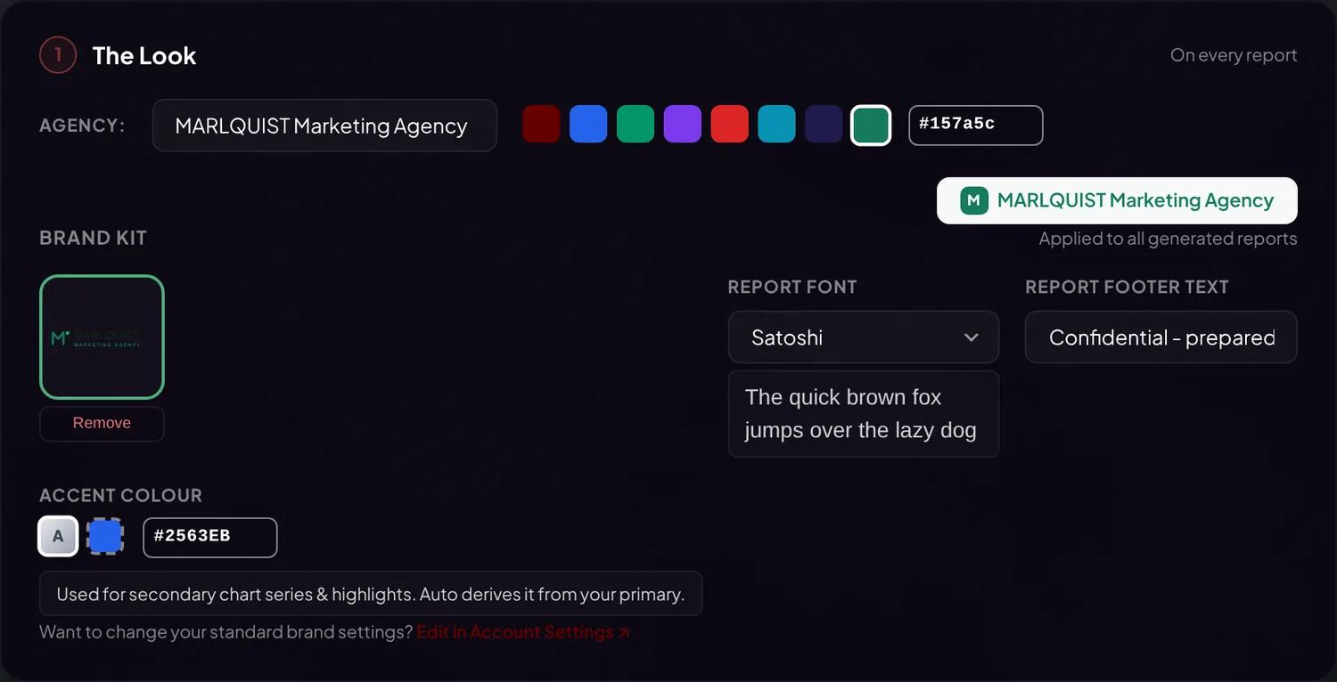 The Look: agency name, brand color, logo, font, footer text and accent colour