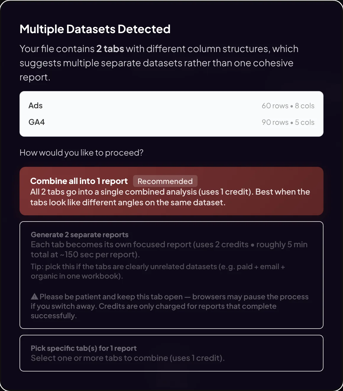 The dialog Multiple Datasets Detected with three choices