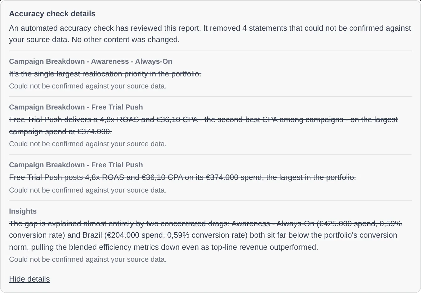 Accuracy check details: the removed statements, struck through, each with its reason