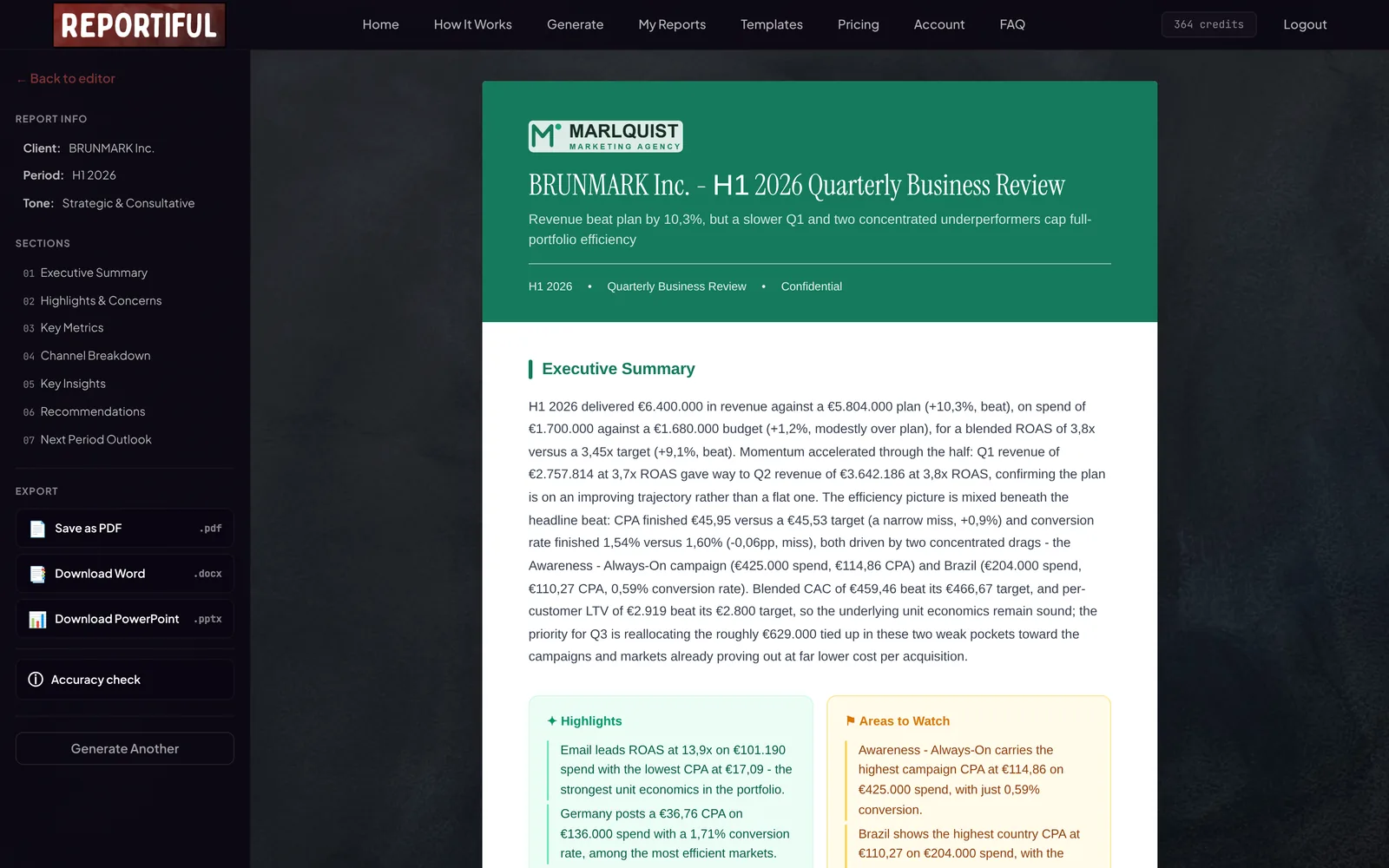 A finished report with the sidebar on the left
