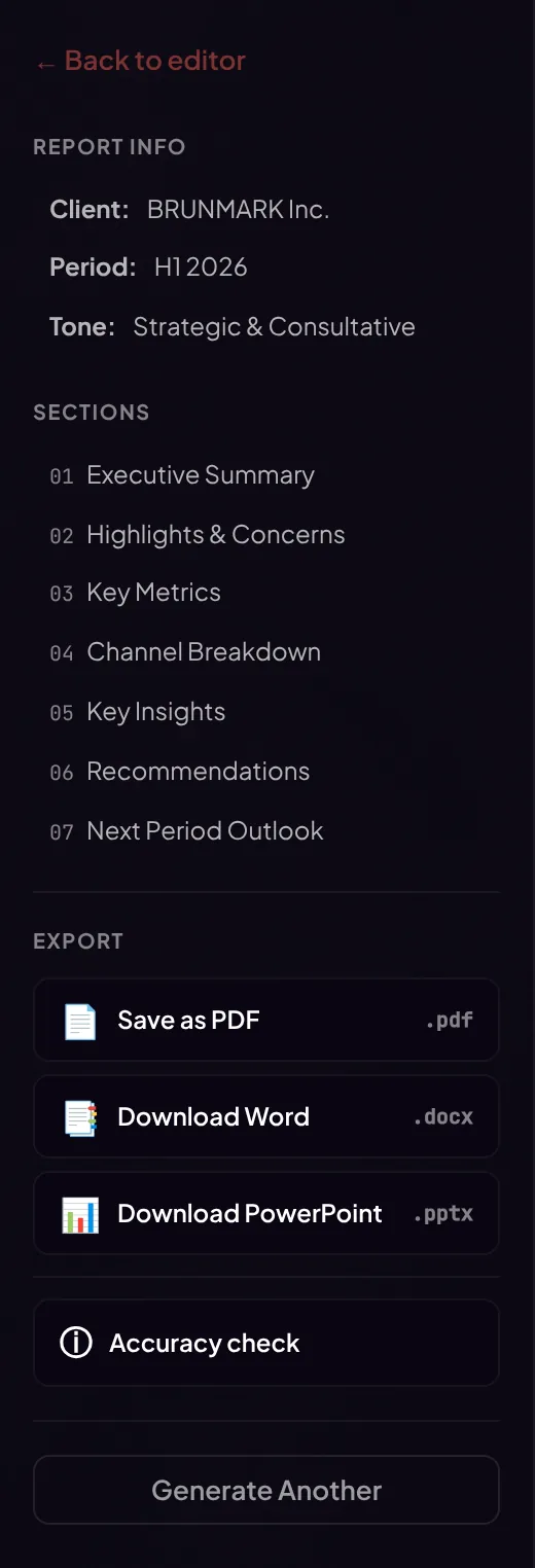 The report sidebar: Report Info, Sections, Export, Accuracy check, Generate Another