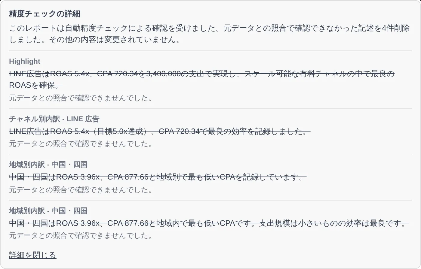 精度チェックの詳細:削除された記述が、取り消し線と理由つきで表示されている